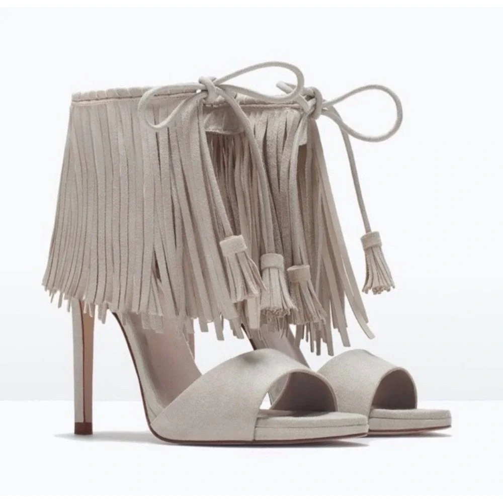 Zara Beige Faux Suede Fringe Lace Up Tassel Stiletto Heeled Sandals Size 8  NWT